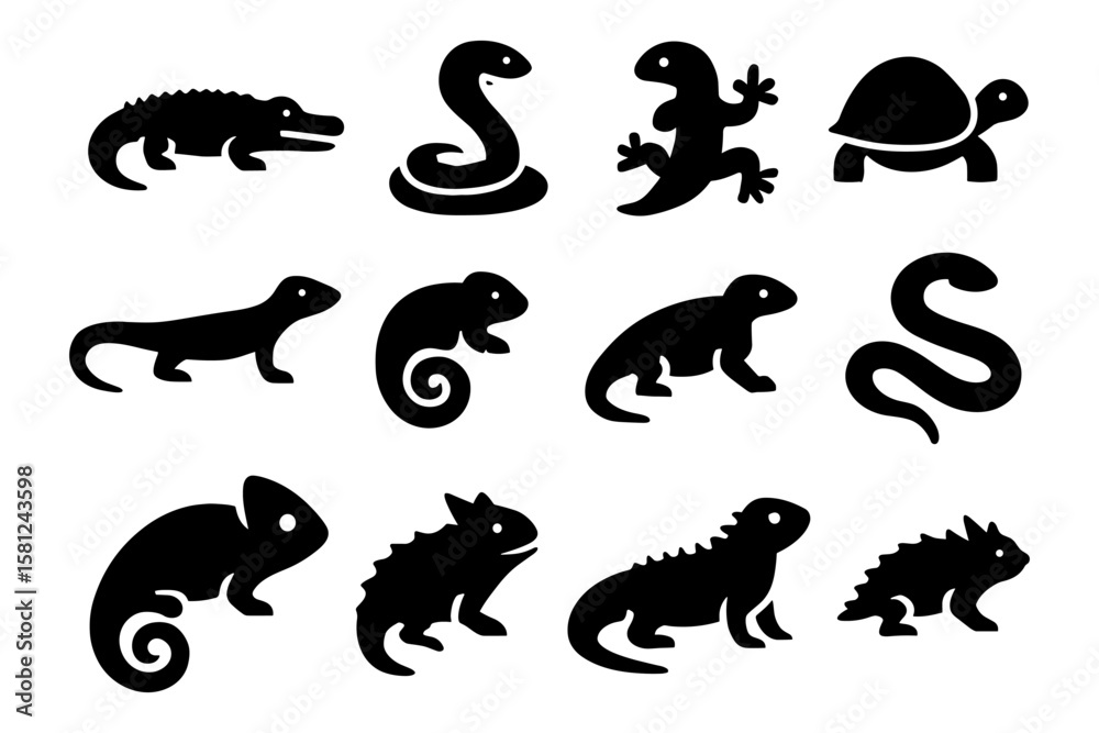Naklejka premium Silhouette reptile icons: crocodile, snake, gecko, turtle, chameleon