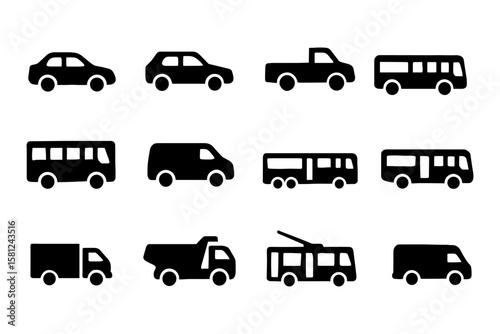 Silhouette icons of various vehicles in minimalist design