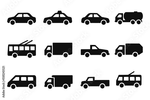 Silhouette icons of transport vehicles: cars, trucks, and buses in black