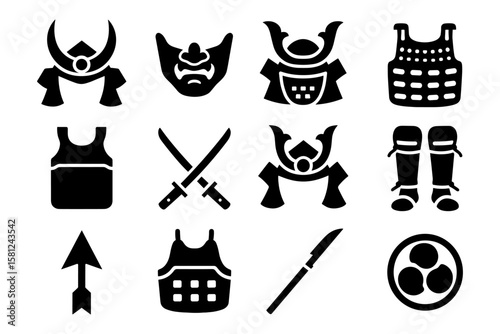 Samurai armor and weaponry icons set in bold silhouette style