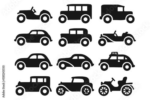 Silhouette collection of classic vintage cars in minimalist style