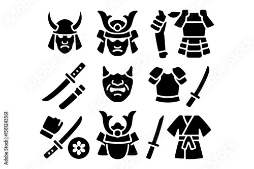Samurai silhouette icons: traditional armor, weapons, and masks collection