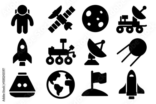 Space icons: astronauts, satellites, rockets, rovers, and planets in silhouette design