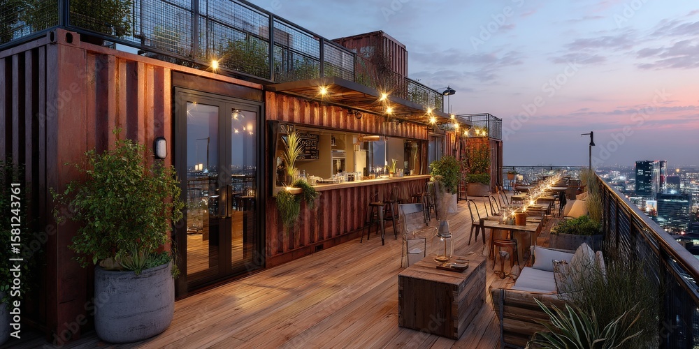 Fototapeta premium Rooftop bar with a city view at dusk. Warm lighting creates a cozy ambiance.