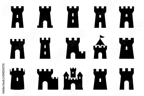 Silhouette design set of castle towers and fortresses in simple style
