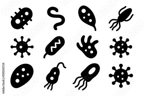 Silhouette collection of various microorganisms icons in bold black style