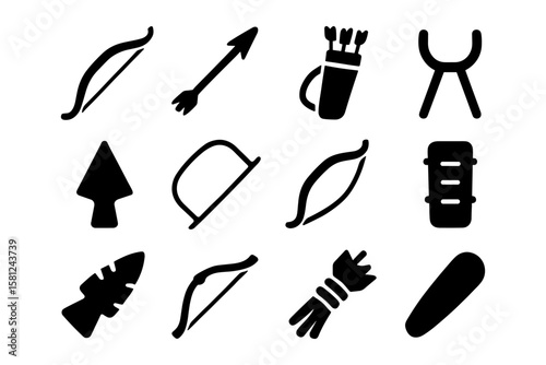 Archery elements set in solid black design featuring bows, arrows, and quivers