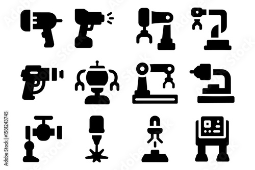 Silhouette icons of industrial machines and robotics for innovative automation designs