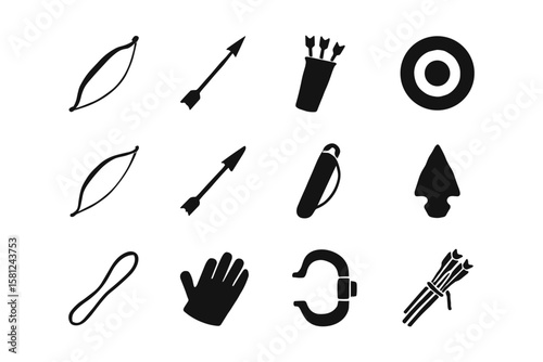 Archery icons set: black silhouette of bow, arrow, quiver, and target