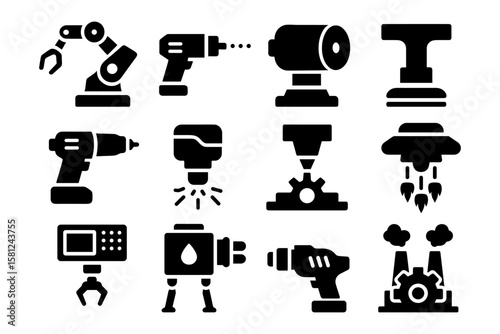Industrial technology icons set featuring robots, drills, and lasers in silhouette style