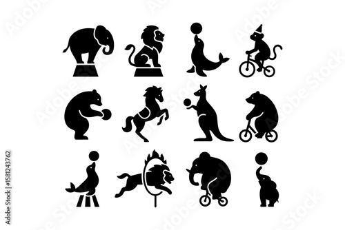 Silhouette circus animals performing tricks in black and white
