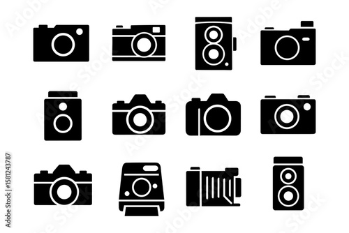 Silhouette icons of vintage and modern cameras in black design set