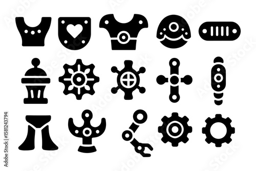 Bold silhouette icons of medieval armor and gear elements