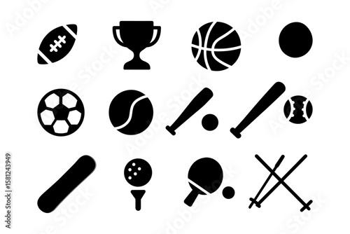 Silhouette icons of popular sports equipment for versatile design use