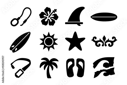 Summer beach icons set: silhouette symbols of surf and sun