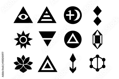 Geometric symbol collection featuring triangles, circles, and abstract shapes