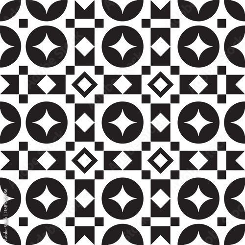 Geometric pattern with circles squares and diamonds black white