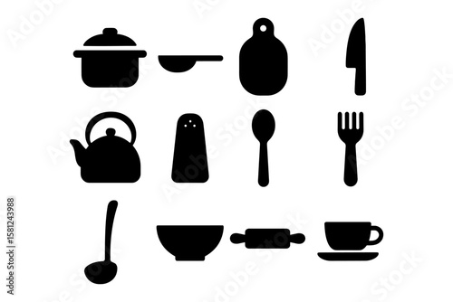 Kitchen silhouette icons: essential cooking and dining utensils in black