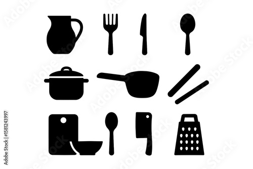Kitchen utensils silhouette set with spoons, pots, and more