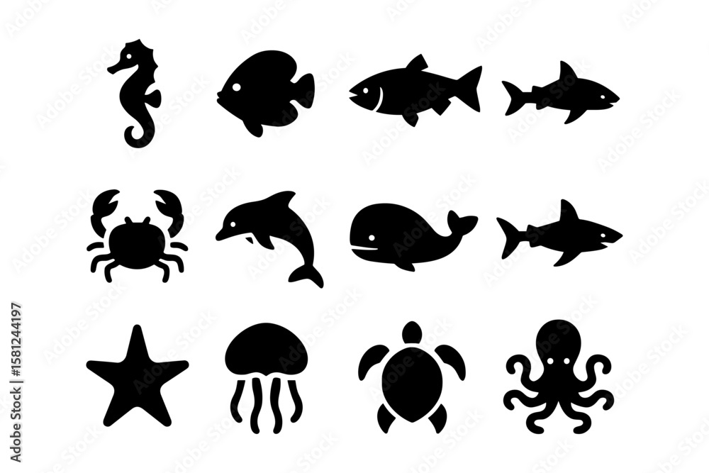 Naklejka premium Silhouette ocean creatures collection: icon set featuring fish, whale, shark, and more