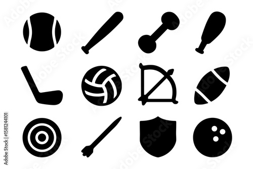 Silhouette icons of popular sports equipment for modern design needs