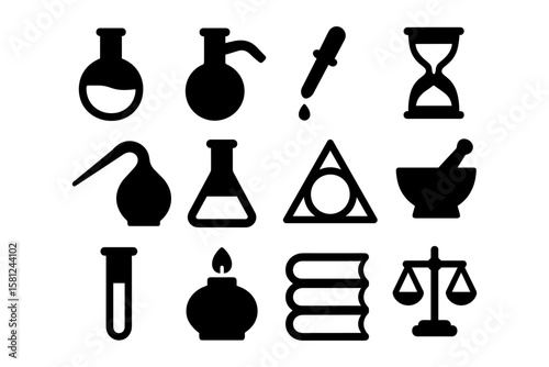 Alchemy and science icon set: silhouette designs for creative projects