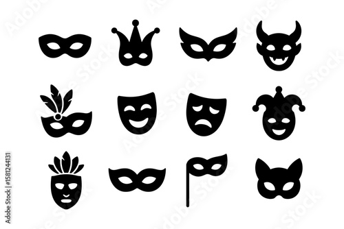Set of carnival and theater masks in silhouette style