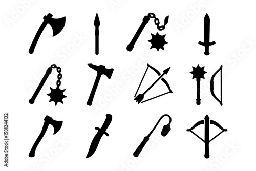 Silhouette medieval weapons collection: axes, swords, mace, and crossbow