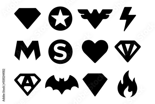 Superhero icon set featuring symbols in bold silhouette style