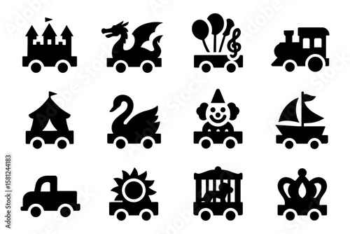 Silhouette carnival parade: icon set featuring train, clown, dragon, tent, and more