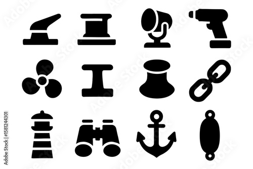 Nautical icons collection: maritime tools and symbols in bold silhouette style