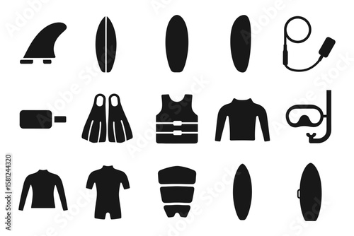 Surfing gear silhouettes: essential icons for water sports enthusiasts