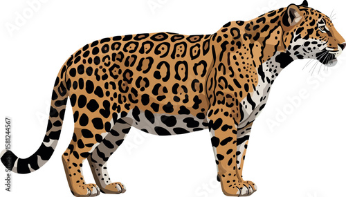 Jaguar (Panthera onca) vector illustration — detailed big cat design with transparent background. Native to Amazon and Pantanal biomes. Solitary apex predator from South and Central America. Ideal for
