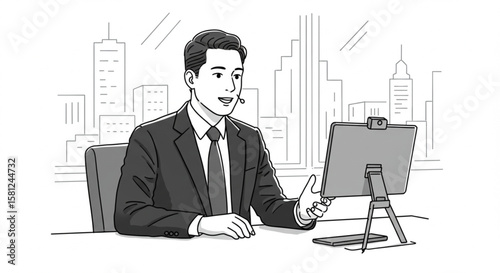 Professional man in a suit on a video call using a headset and tablet. Line art illustration of modern business communication.