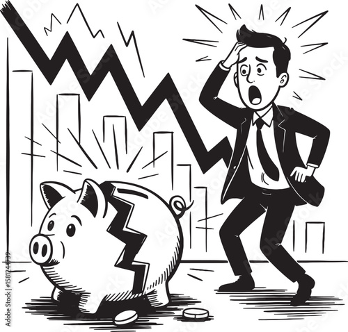 Man reacts to broken piggy bank and falling graph business finance