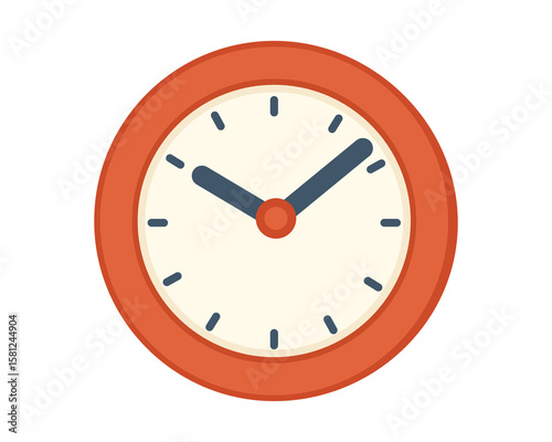 Round classroom wall clock with red frame and minute hour hands used for teaching time schedules routines and school bell periods. Vector illustration.