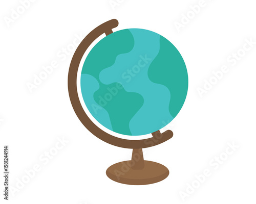 Education globe on wooden base showing continents and oceans for classroom geography travel lessons and world studies. Vector illustration.