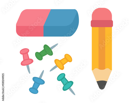 Pencil with eraser and colorful push pins set of small classroom desk supplies for notes study planners and kids projects. Vector illustration.