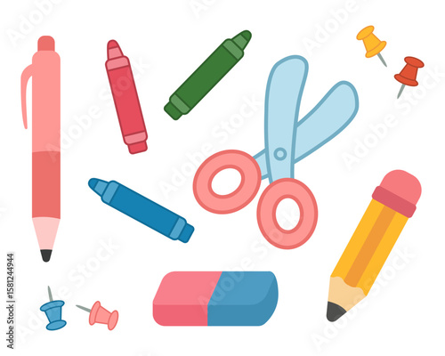 Mixed set of school stationery pencil pen brush scissors eraser thumbtacks and ruler for classroom crafts and learning supplies. Vector illustration.