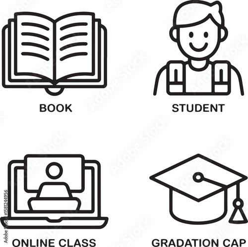 Open book student online class graduation cap icons pages person