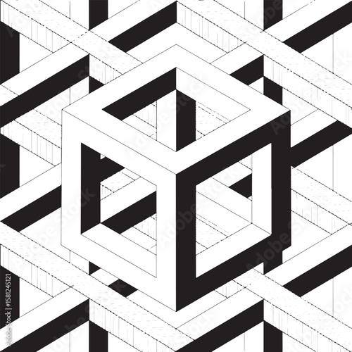 Optical illusion cube with intersecting geometric shapes abstract black and white