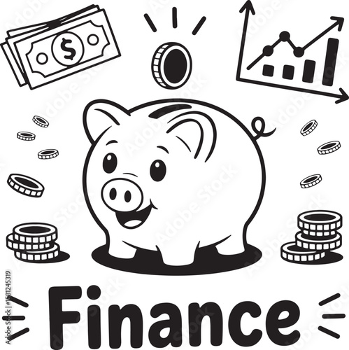Piggy bank with coins cash and growth chart money dollar bills