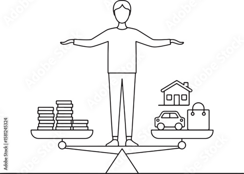 Person balancing wealth and possessions on scales balance money