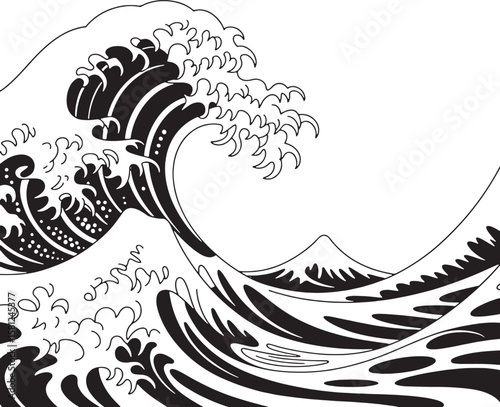 Powerful ocean waves crashing with distant mountain crashing waves water