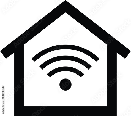 Black outline icon of a house with a wi fi symbol inside indicating smart home connectivity isolated on white background