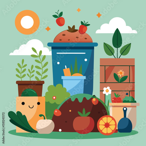 Cheerful and vibrant illustration of a garden scene with fresh vegetables and fruits