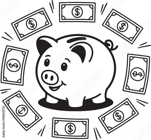 Smiling piggy bank surrounded by dollar bills money saving