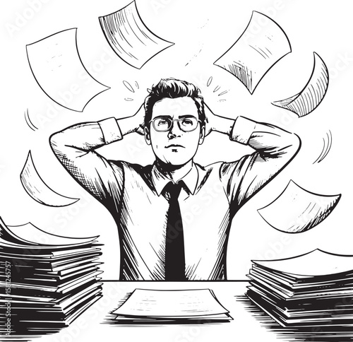 Stressed businessman with papers flying around him overwhelmed