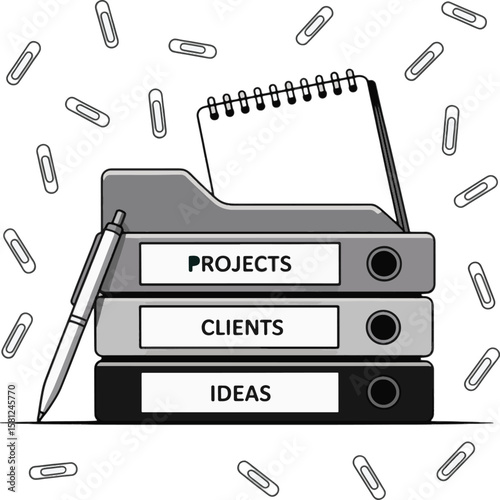 Stacked binders with pen and scattered paperclips projects clients
