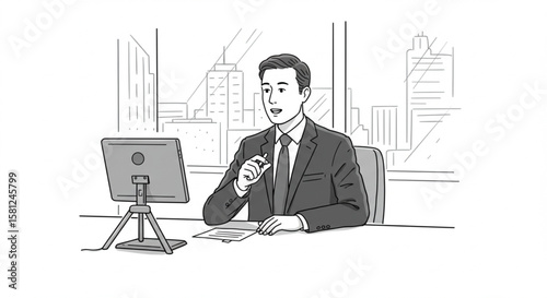 Professional businessman in a suit conducting a virtual meeting or online presentation using a tablet in a modern office with a city view.